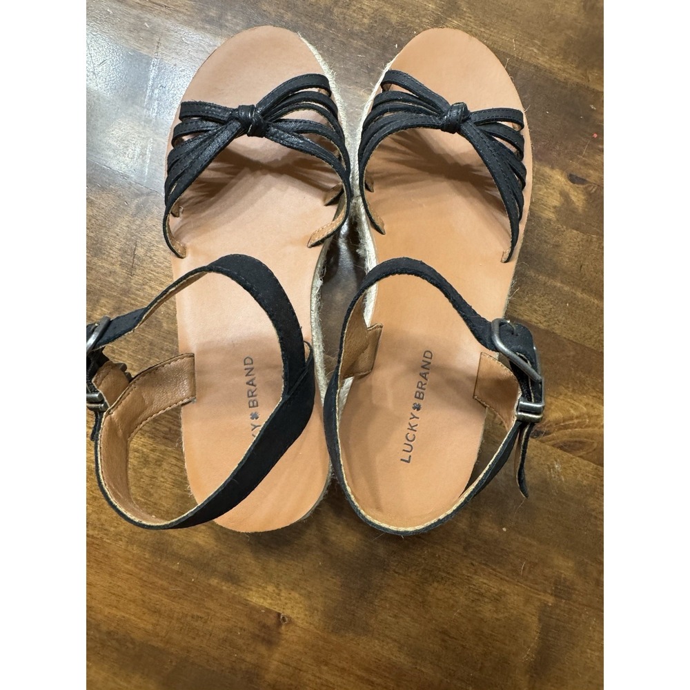 Lucky Brand Womens Juniffer Sandals 8 Black Leather Espadrille Wedge